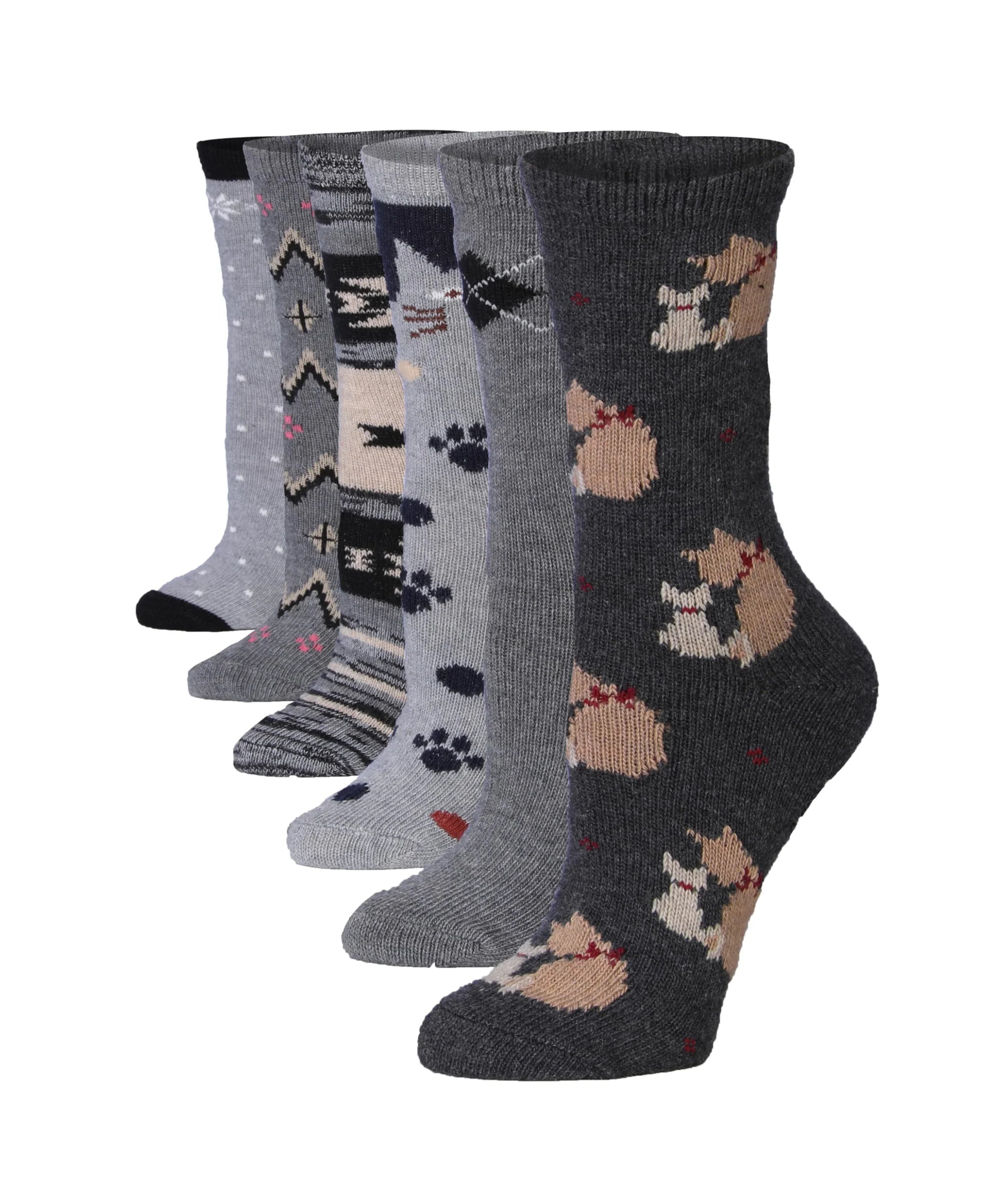  6-Pairs Women's Extra Warm Wool-Blend Grey Tone Dots Zigzags Paws Patterned Crew Boot Socks -  Socks