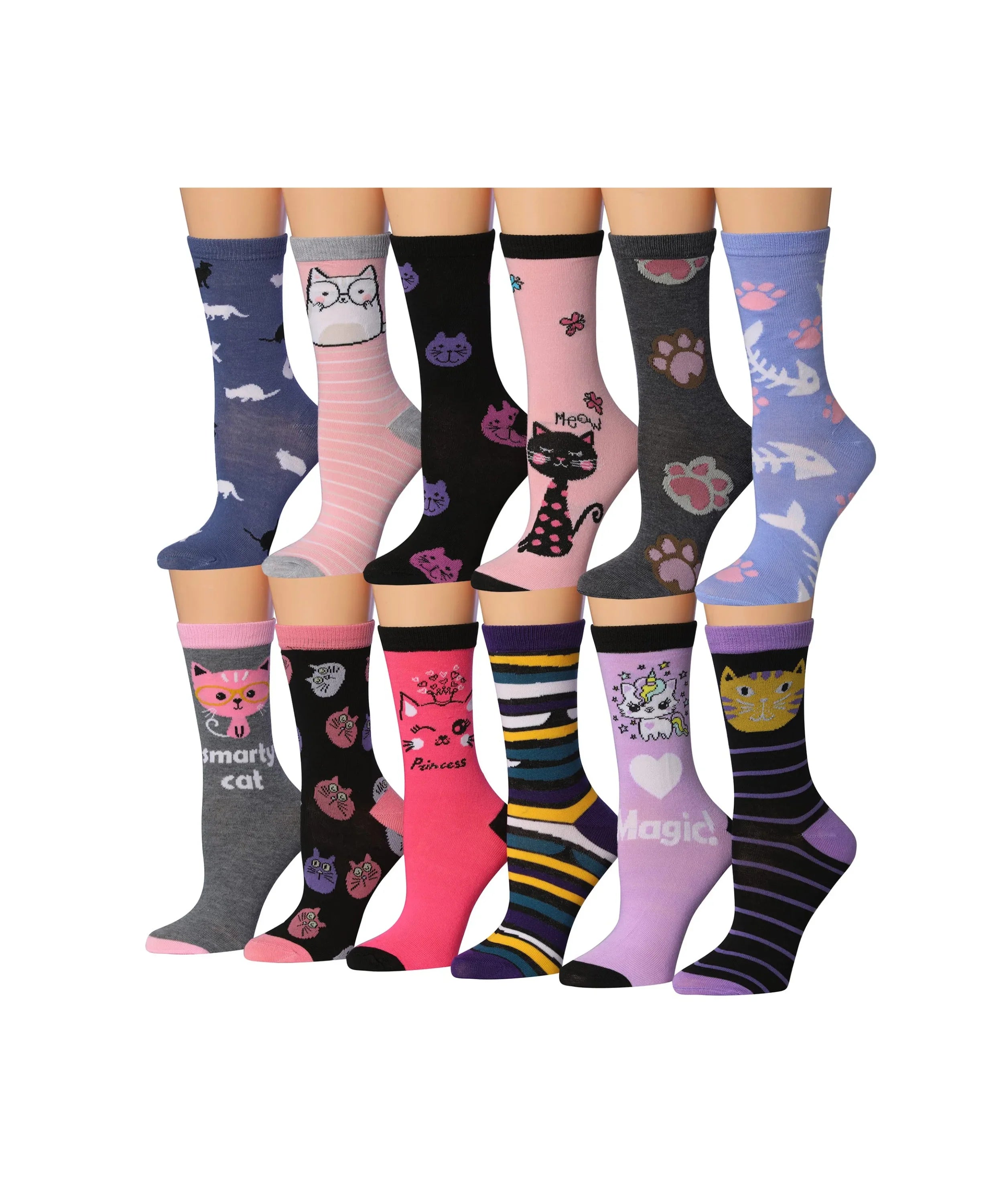 Tipi Toe Women's 12 Pairs Lightweight Colorful Eclectic Vibes Patterned Statement Crew Socks - Tipi Toe Socks