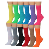 Women's 12-Pairs Lightweight Yellow Green Blue Fun Light Colored Crew Socks - Tipi Toe Socks