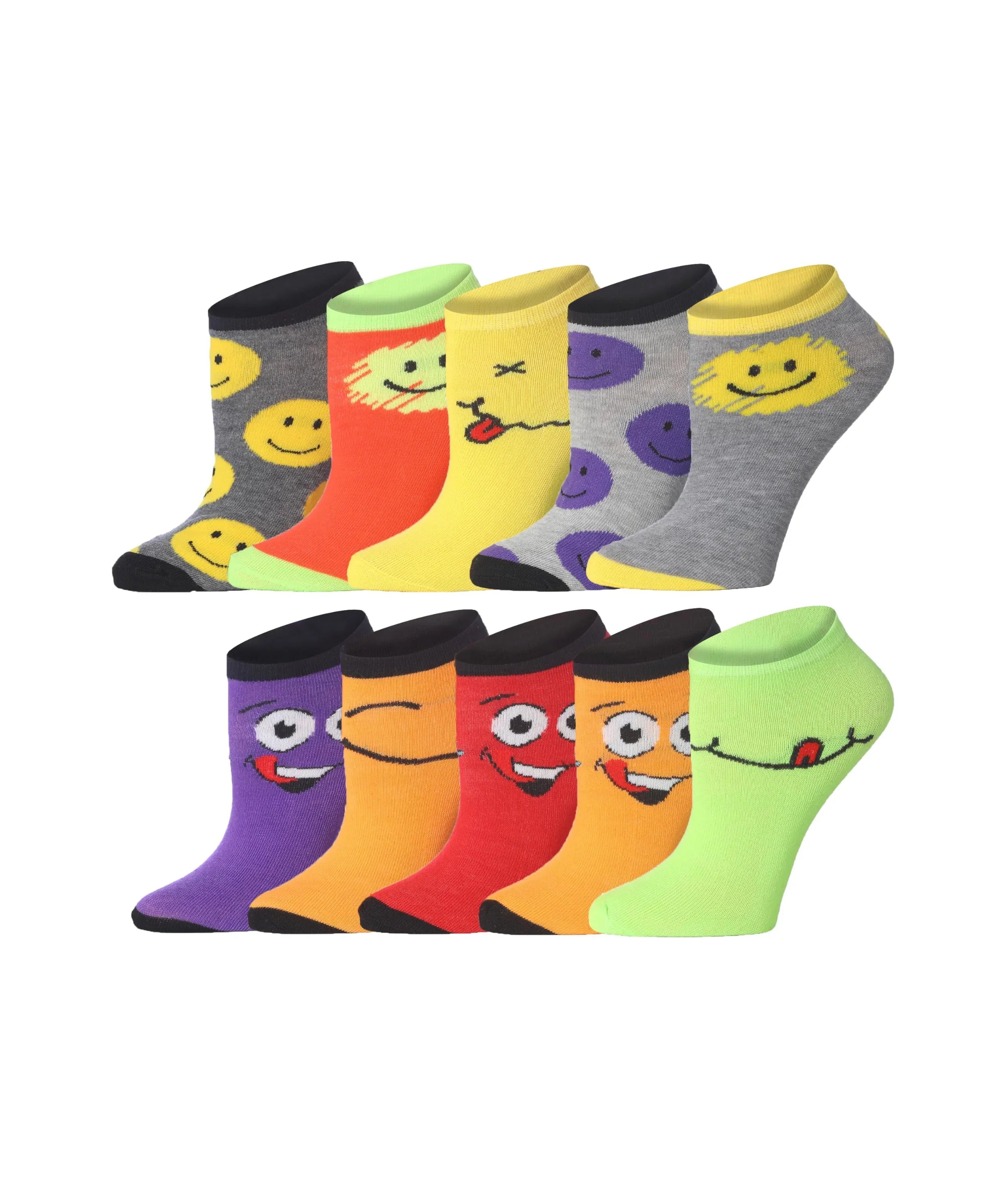 Tipi Toe Womens 10 Pack Colorful Patterned Cheerful Emoji Spectrum Ankle/Low Cut Socks - Tipi Toe Socks