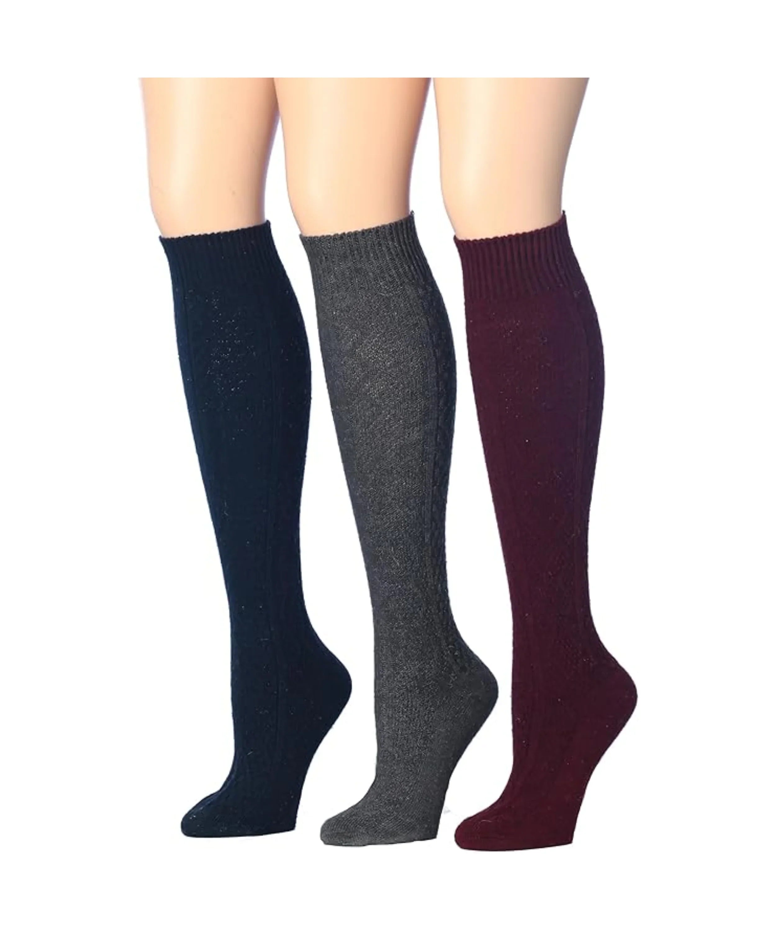  Women's 3-Pairs Ragg Marled Texture with Solid and Colorful Tone Patterns Knee High Wool-Blend Boot Socks -  Socks
