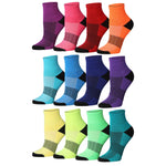 Women's 12 Pairs Ankle and Quarter Athletic Socks with Rainbow Spectrum Colors and Black-Checkered Center ƒ?? Performance Running Socks Displayed on White Background.