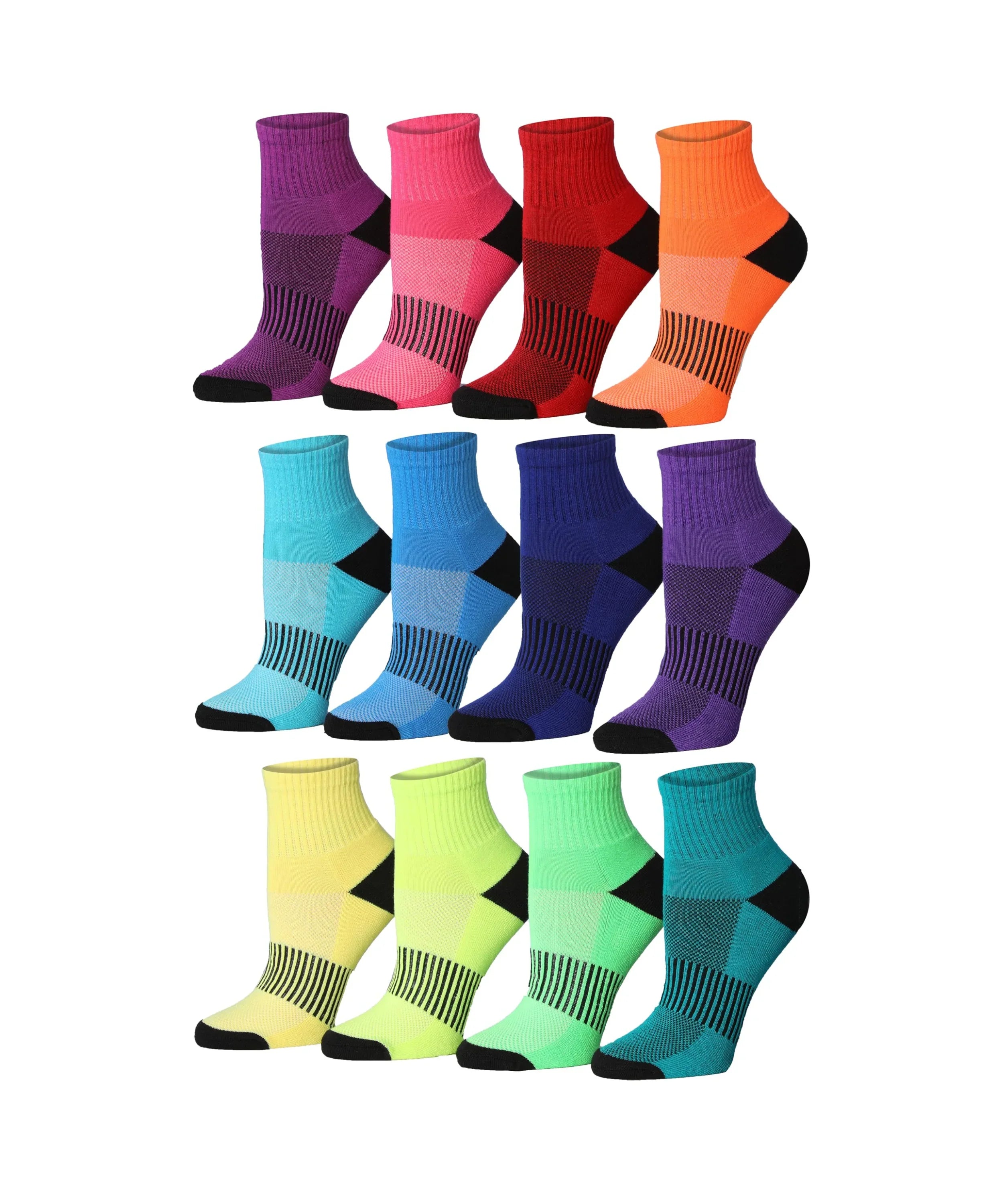 Women's 12 Pairs Ankle and Quarter Athletic Socks with Rainbow Spectrum Colors and Black-Checkered Center ƒ?? Performance Running Socks Displayed on White Background.