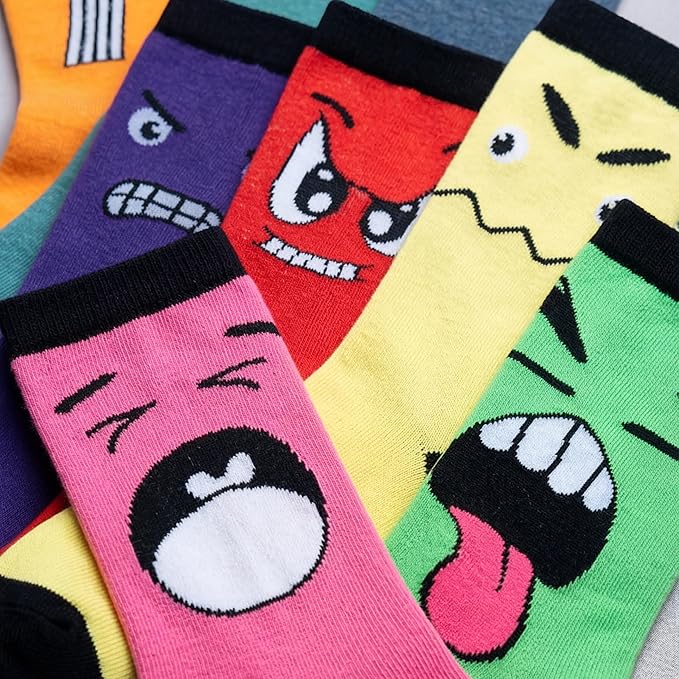 Colorful socks with cartoon face designs arranged in a row.