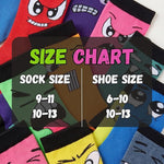 Colorful socks with cartoon faces and a size chart overlay.