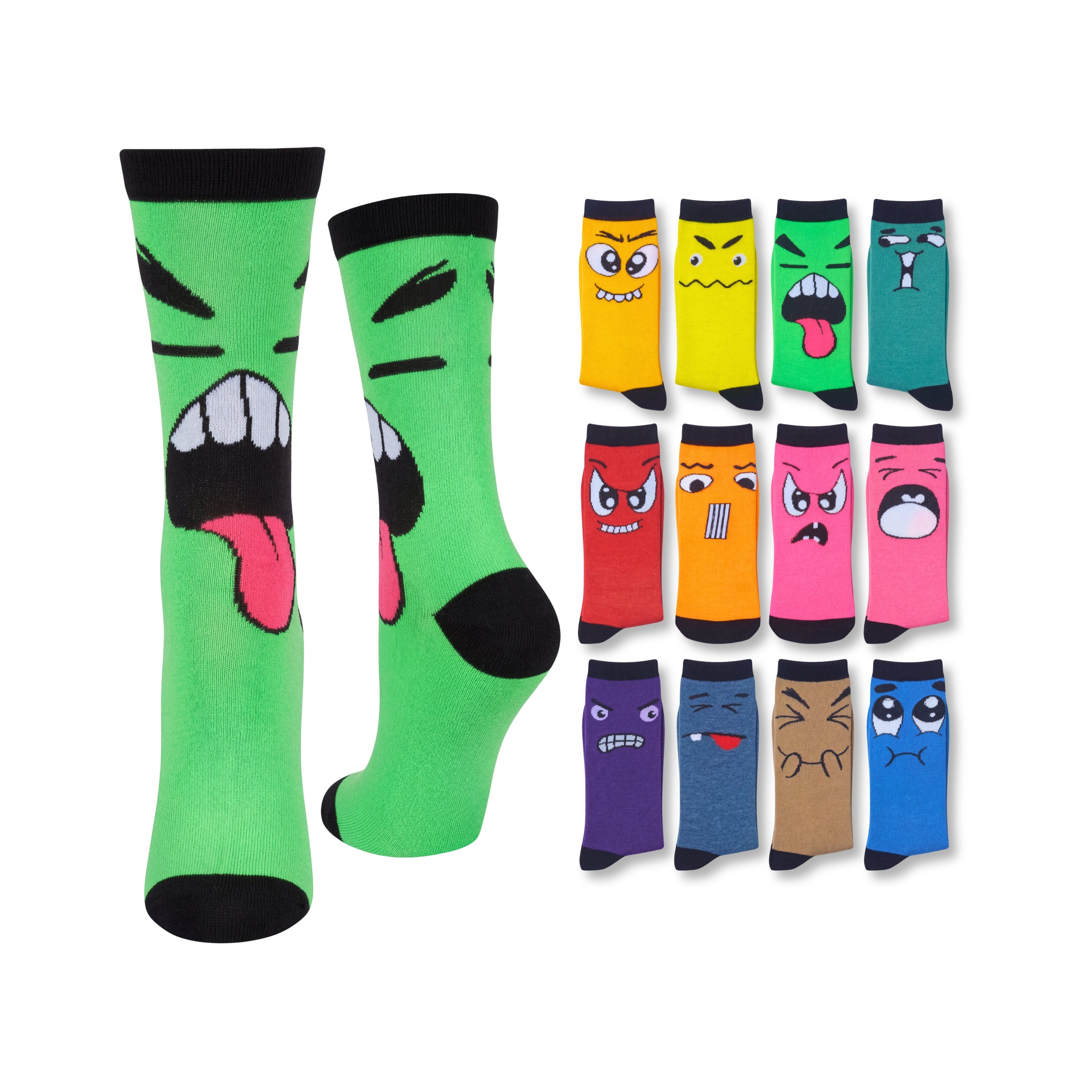 Colorful socks with cartoon face designs on a white background