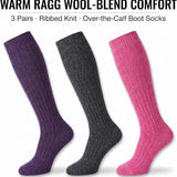 Ribbed Colorful Cable Knit Knee High Socks - 3 Pairs