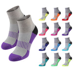 Gray socks with purple toes and heels displayed with a grid of variously colored socks on a white background.