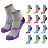 Gray socks with purple toes and heels displayed with a grid of variously colored socks on a white background.