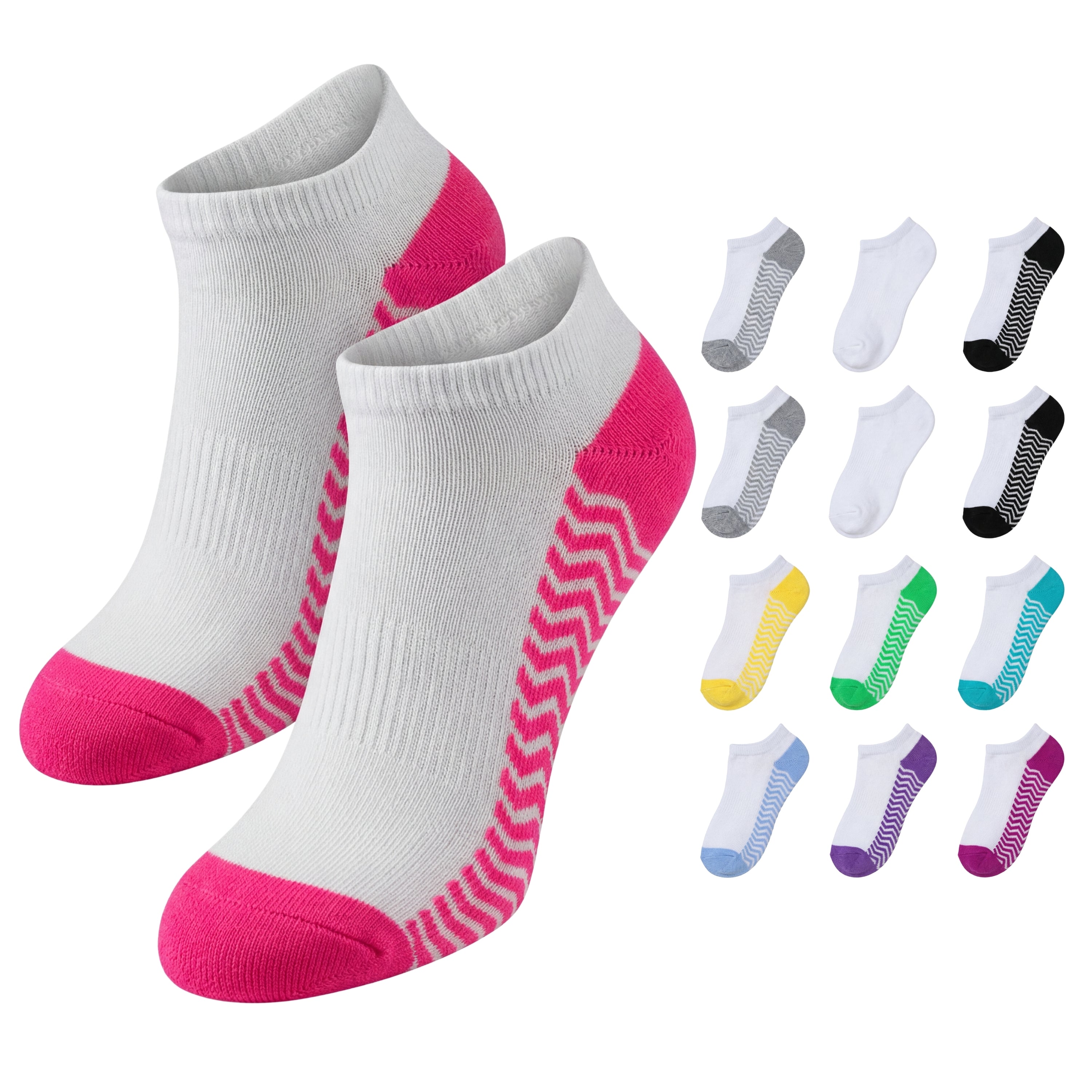 White socks with pink accents and various color options on a white background