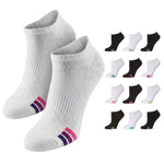 Two white socks with colorful accents on a white background, with additional pairs of socks displayed below.