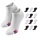 Two white socks with colorful accents on a white background, with additional pairs of socks displayed below.