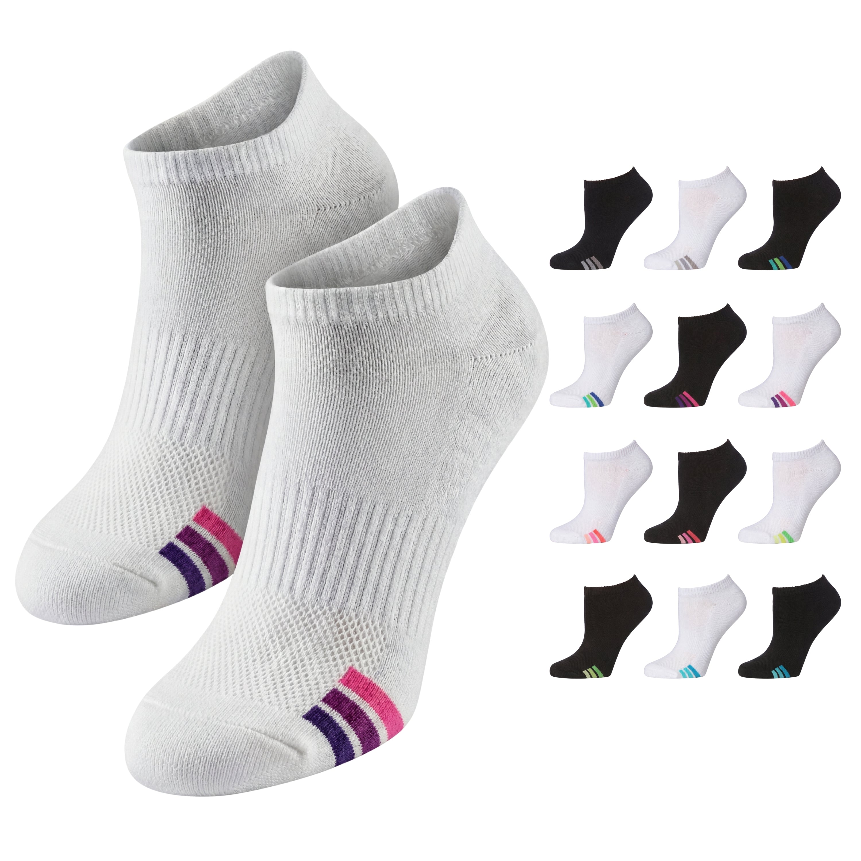 Two white socks with colorful accents on a white background, with additional pairs of socks displayed below.