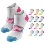 Two socks with colorful stripes on a white background, surrounded by additional pairs of socks in various colors.