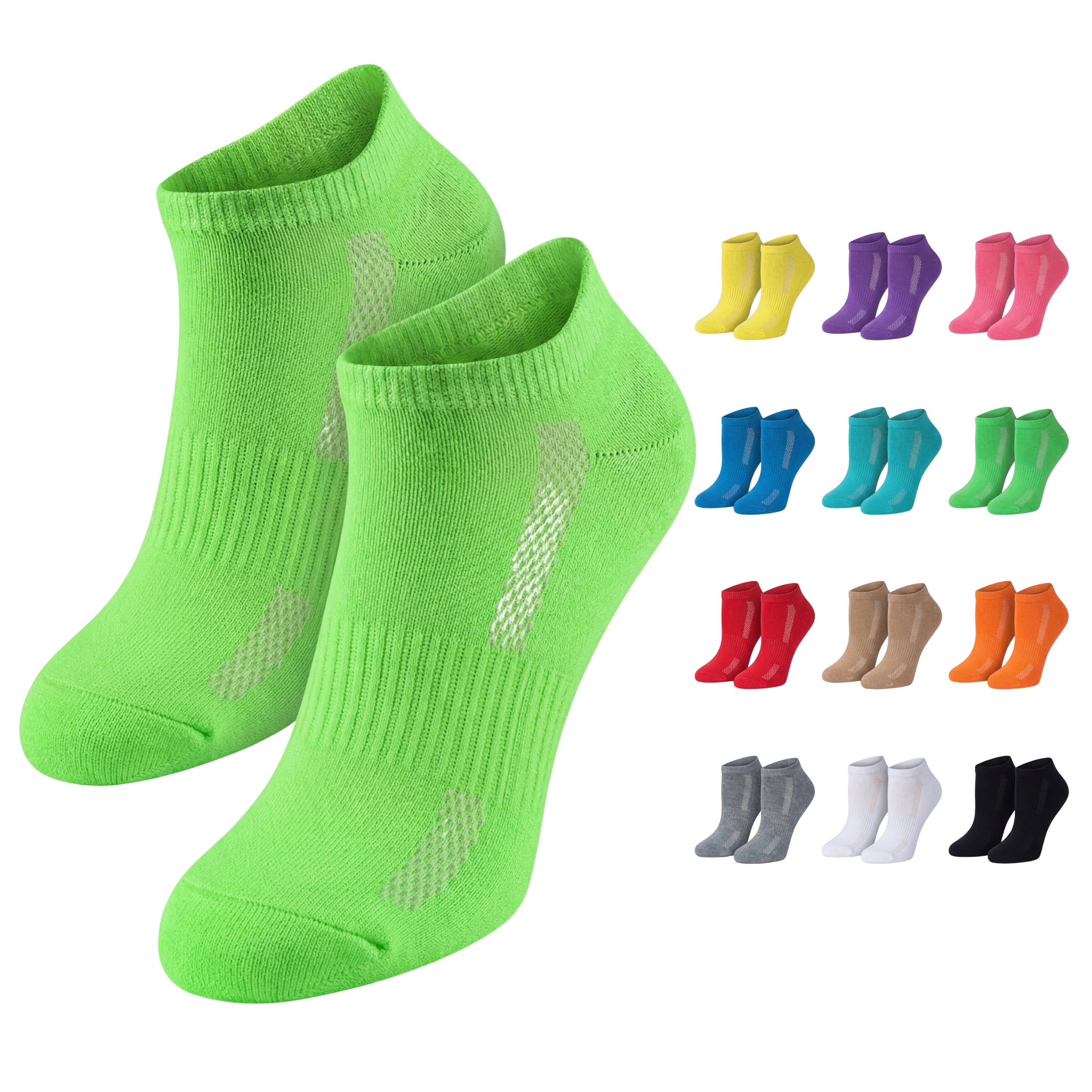 Green socks with a row of colorful socks in the background on a white background