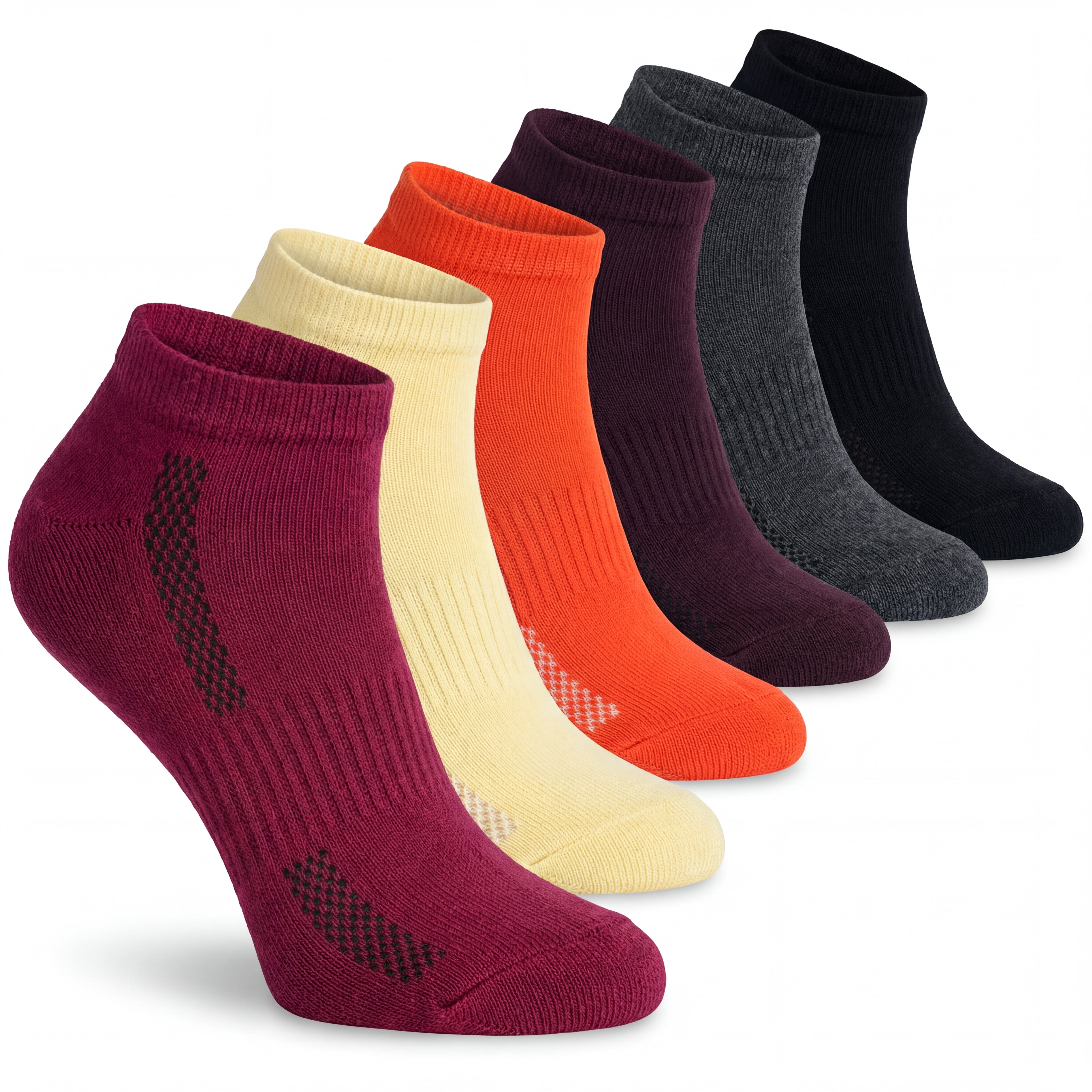 Set of colorful socks arranged in a row on a white background