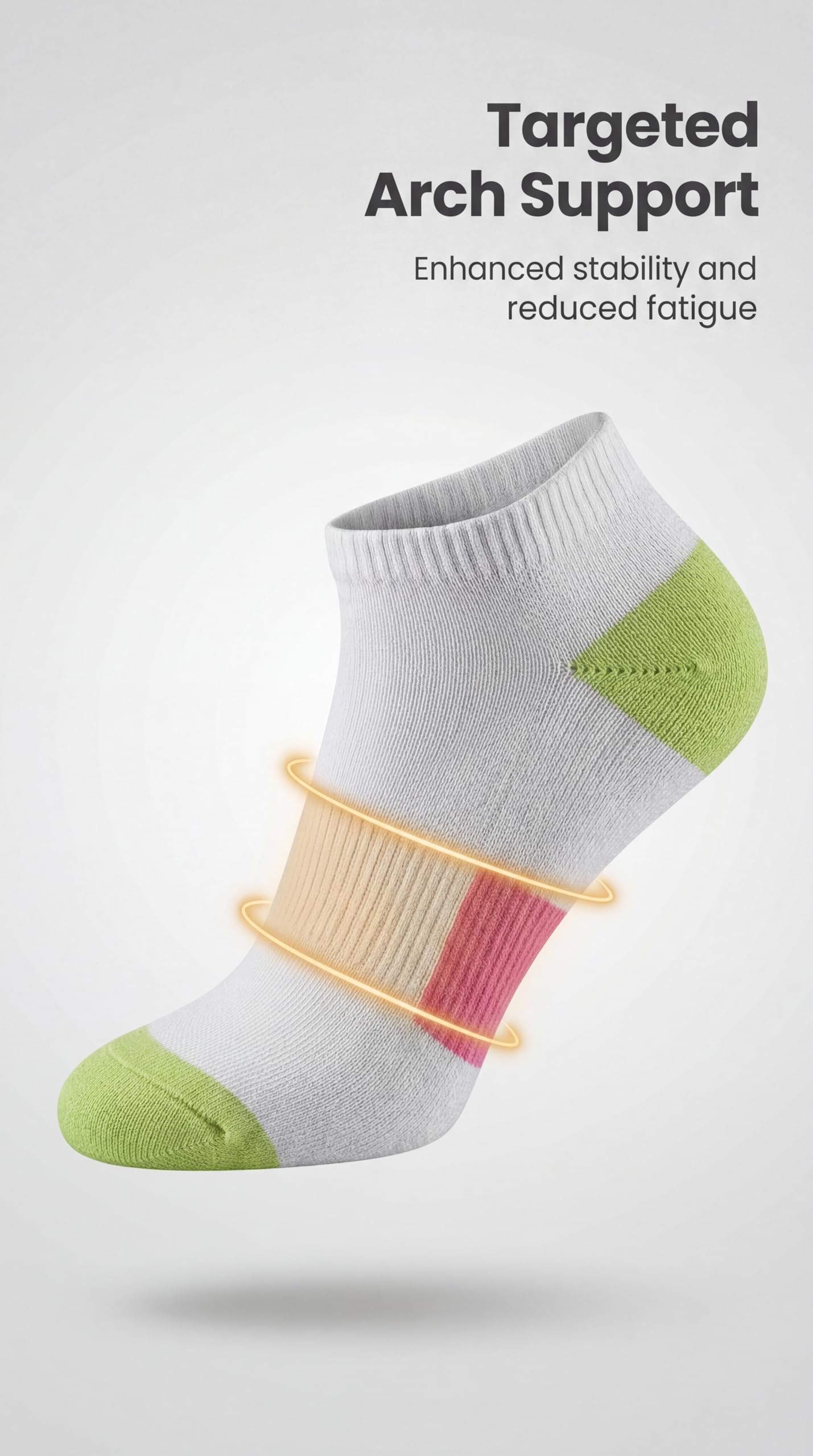 White ankle sock with green accents and arch support on a white background