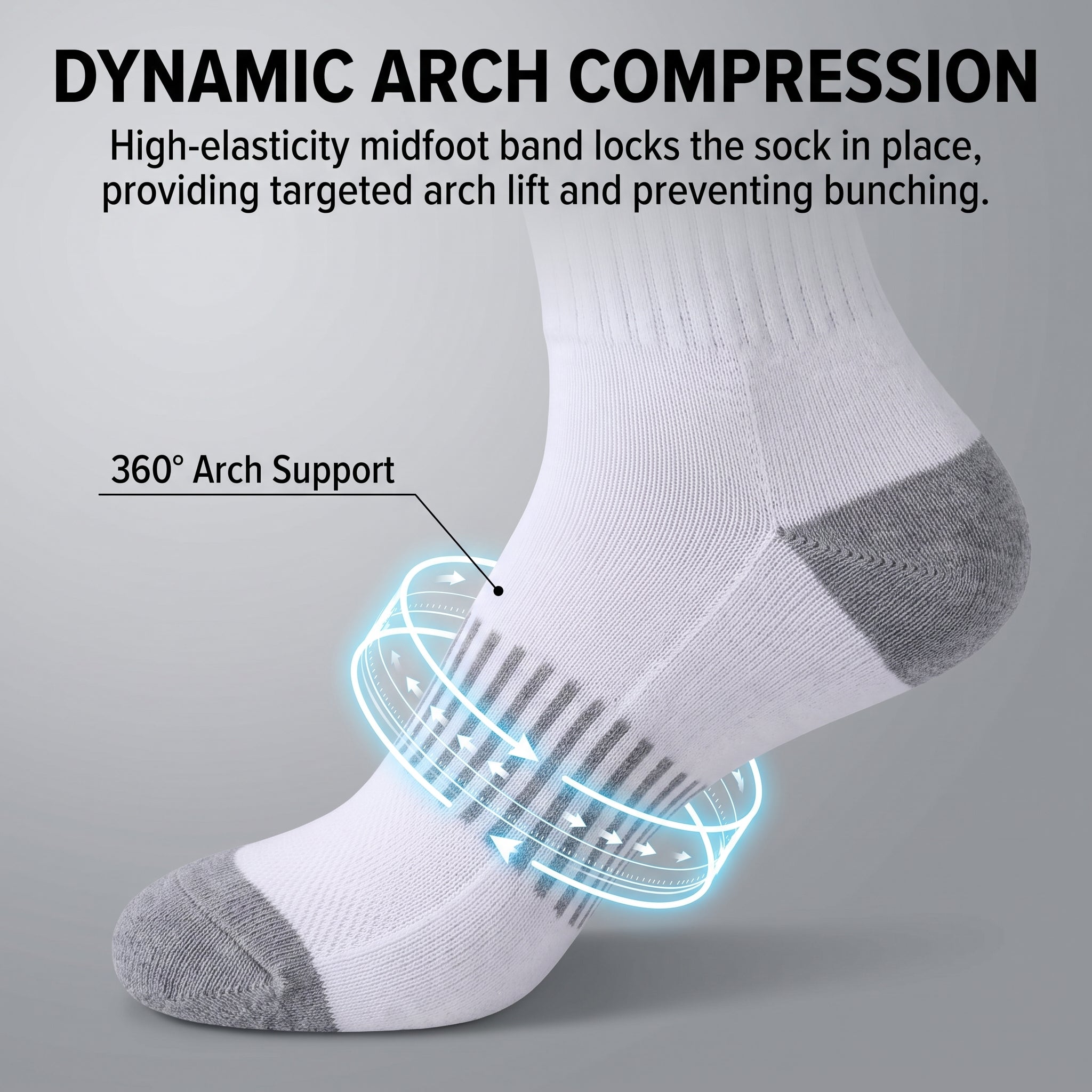 White athletic sock with gray heel, toe, and ribbed arch area, shown on a foot with marketing text and a blue circular graphic illustrating arch support.