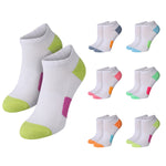 White low-cut athletic socks shown in a large front view and a smaller repeated view showing multiple color options. The main pair has a bright lime green toe and heel, with a magenta heel accent.