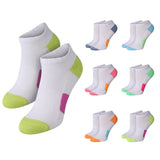 White low-cut athletic socks shown in a large front view and a smaller repeated view showing multiple color options. The main pair has a bright lime green toe and heel, with a magenta heel accent.