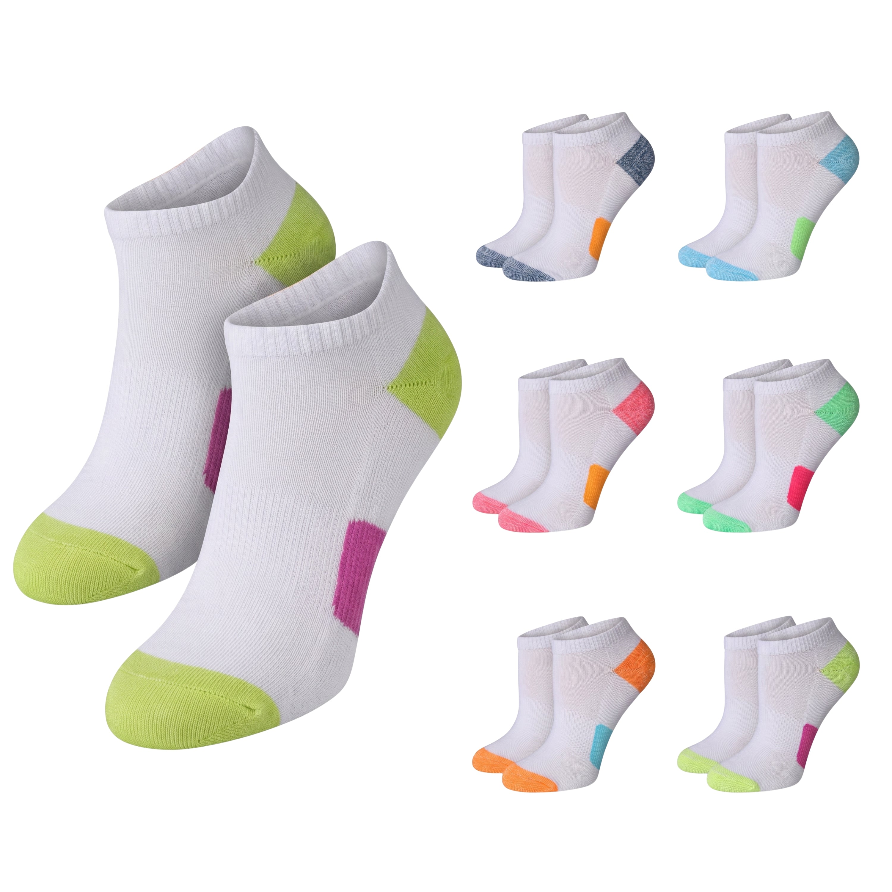 White low-cut athletic socks shown in a large front view and a smaller repeated view showing multiple color options. The main pair has a bright lime green toe and heel, with a magenta heel accent.