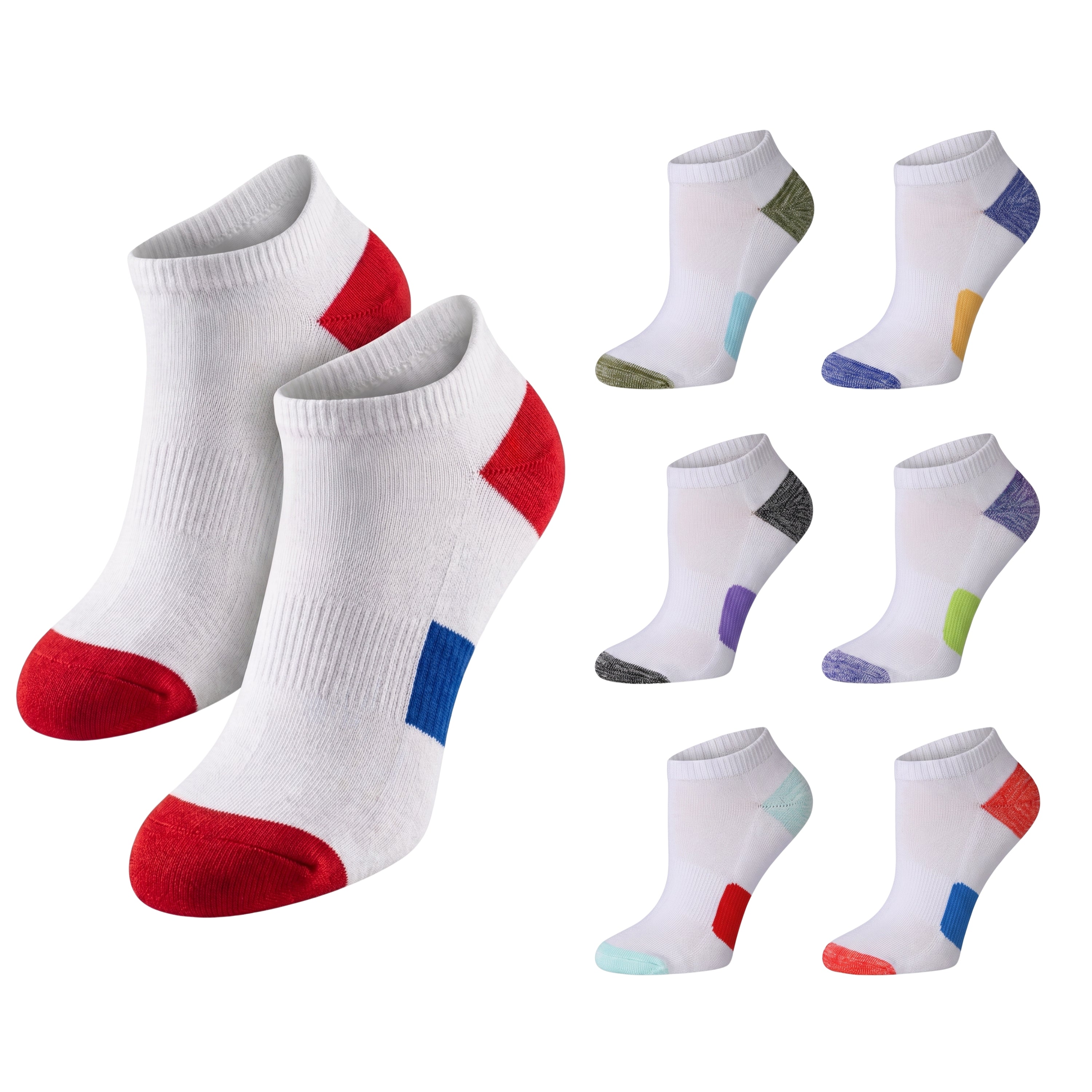 White low-cut athletic socks shown in multiple color options, with red toes and heels, blue side panels, and multicolor accents on the heels and toes.