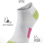 White sock with green and pink accents on a white background, highlighting performance and comfort features.