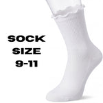 White sock with ruffled top on a white background, labeled 'Sock Size 9-11'.