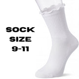 White sock with ruffled top on a white background, labeled 'Sock Size 9-11'.