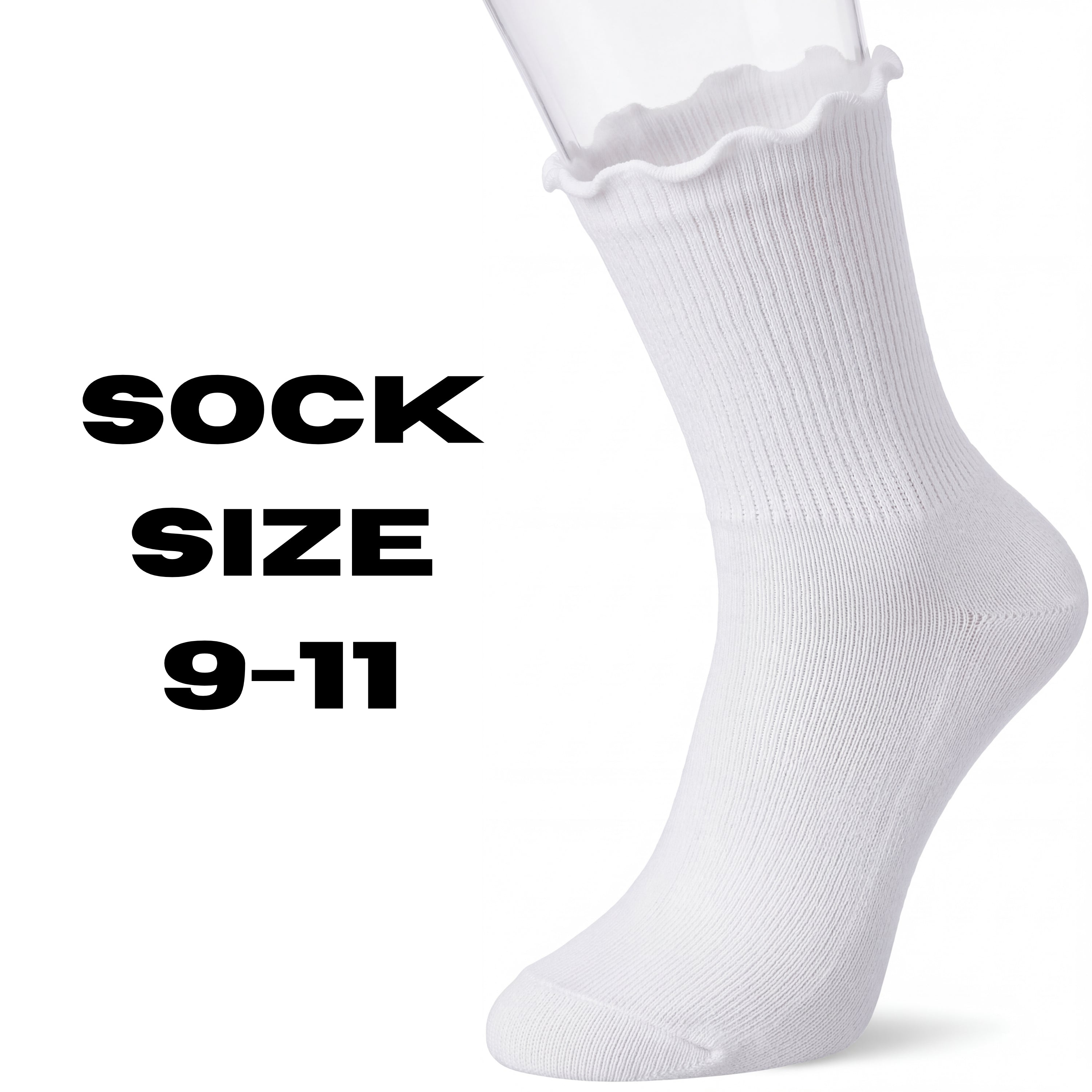 White sock with ruffled top on a white background, labeled 'Sock Size 9-11'.