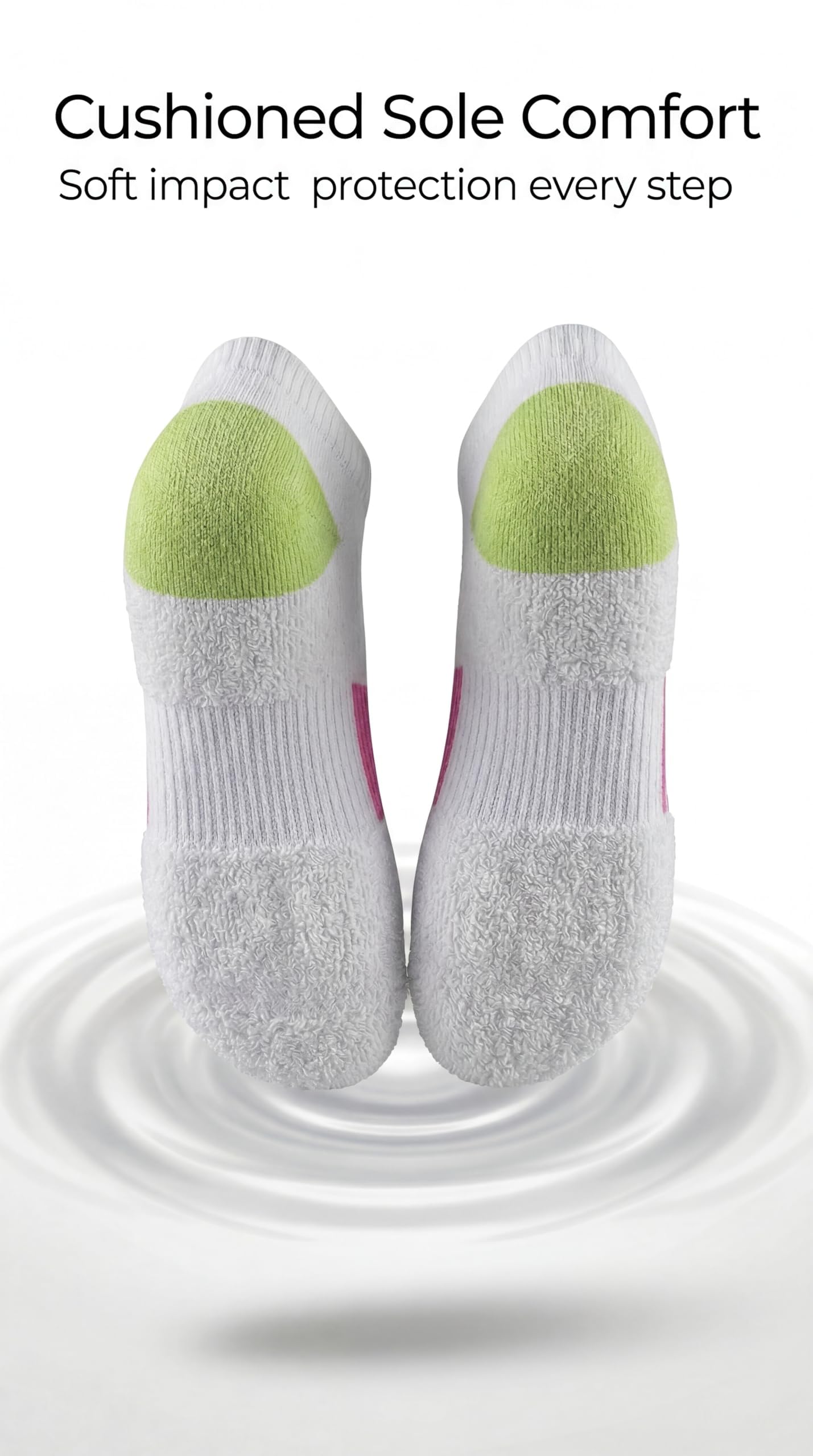 White socks with green cushioned sole on a white background