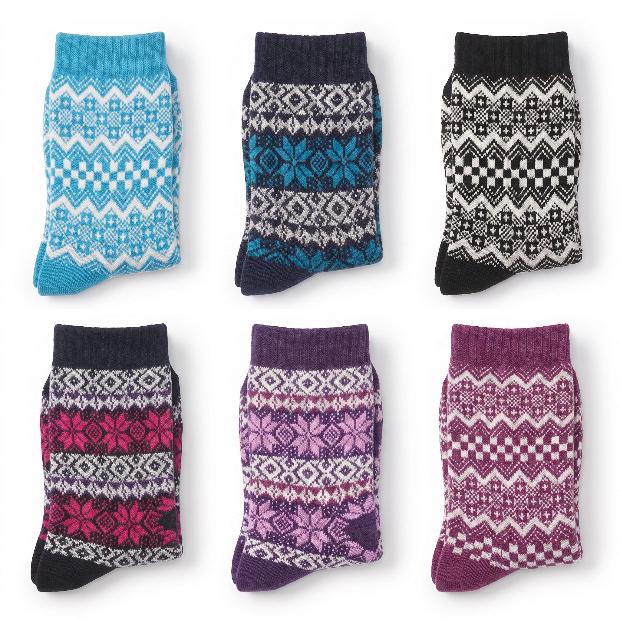 Six pairs of patterned knit socks arranged in a 2x3 grid on a white background. The socks feature traditional Fair Isle designs in various colorways: light blue and white, navy and teal, black and white, dark pink and black, lavender and white, and magenta and white.