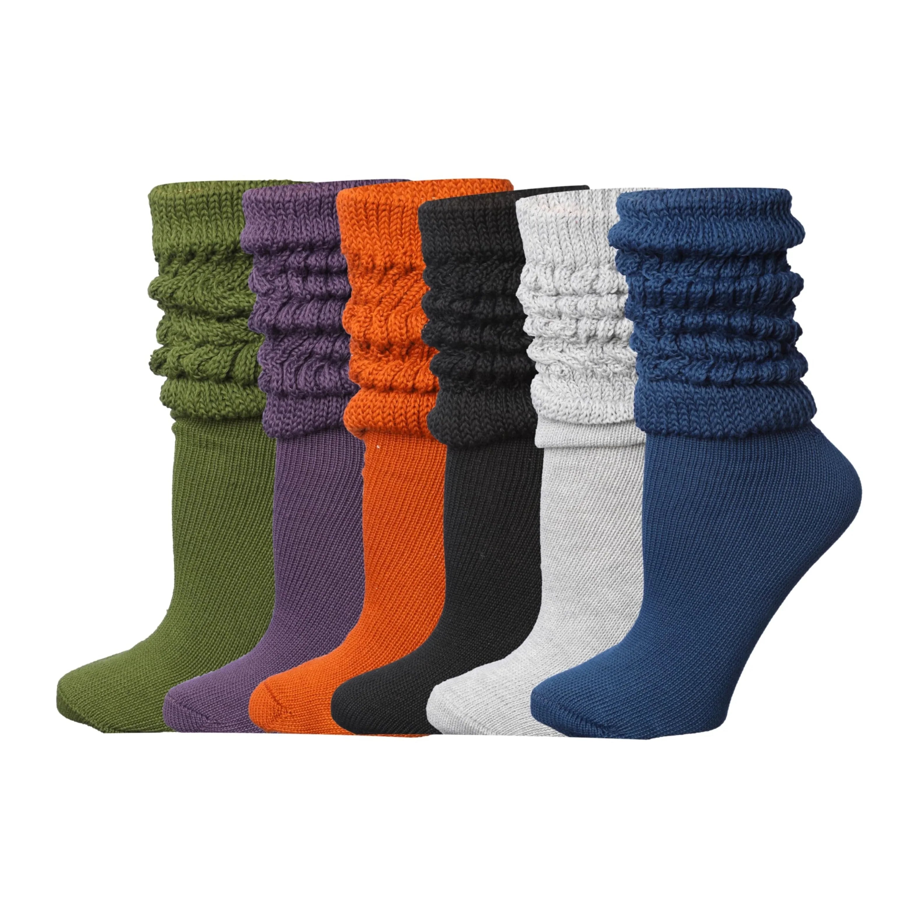 6 pack Women's Slouch Socks Knee High Boot Eclectic Elegance Palette of Black Blue Grey Green Violet Orange Warm Cozy Long Scrunch Socks - Socks