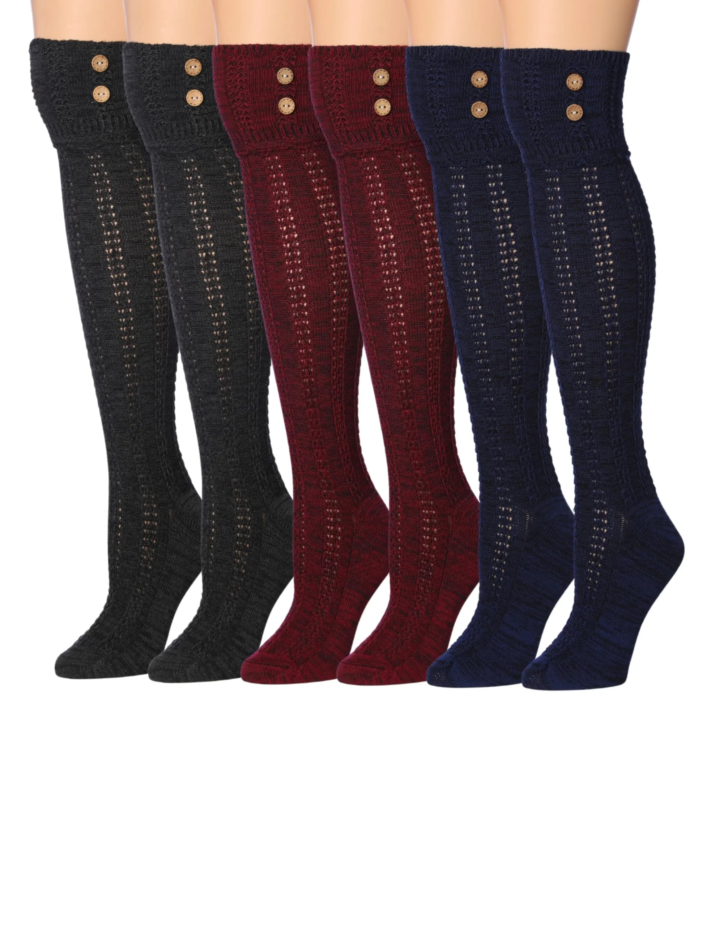  Women's 3-Pairs Dark Colored Deep Shadowy Fashion With Buttons Comfortable Winter Warm Knee High Cotton-Blend Boot Socks -  Socks