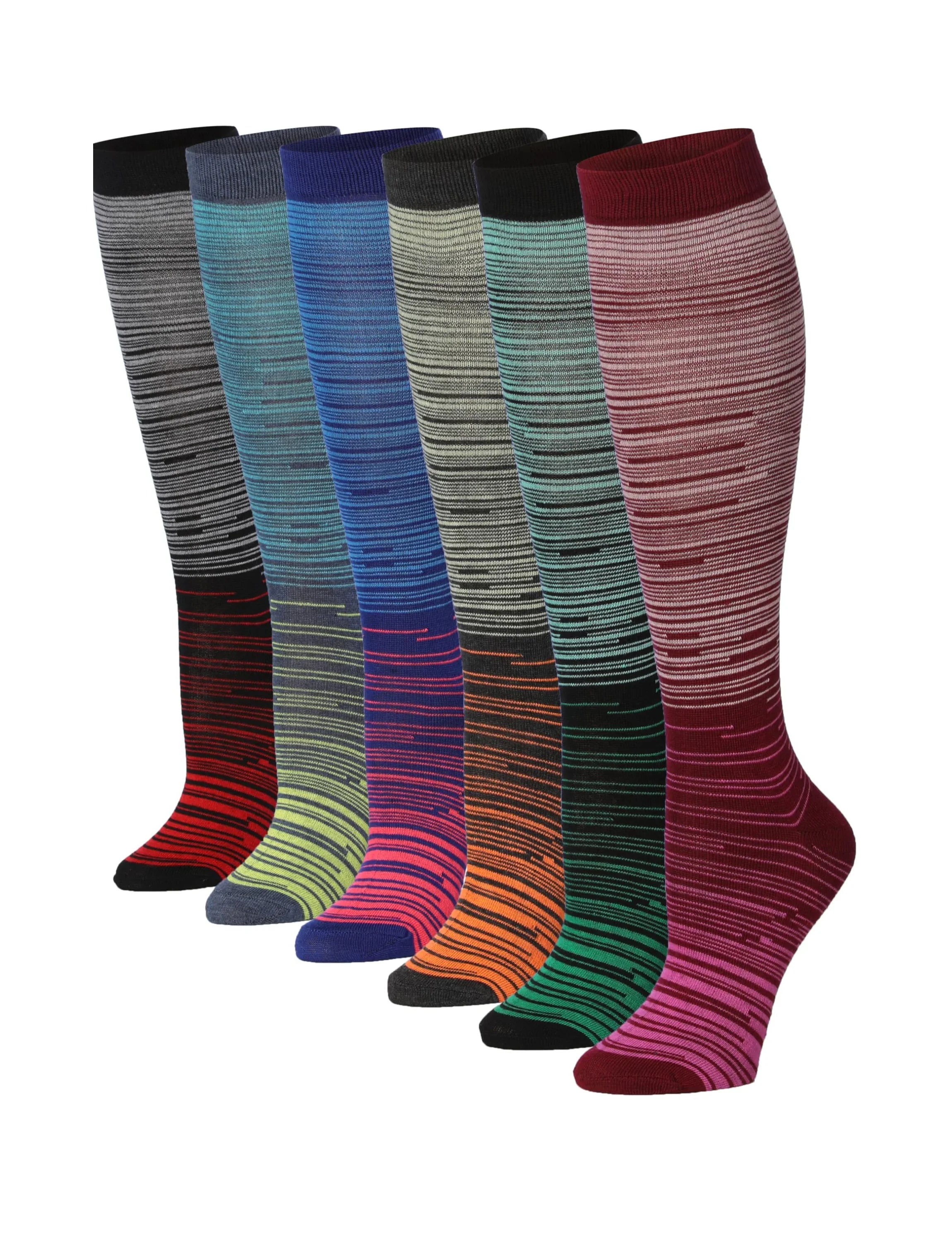 Women's 6 Pairs Vibrant Two-Toned Colorful Contrasting Space Dye Patterned Knee High Socks - Socks