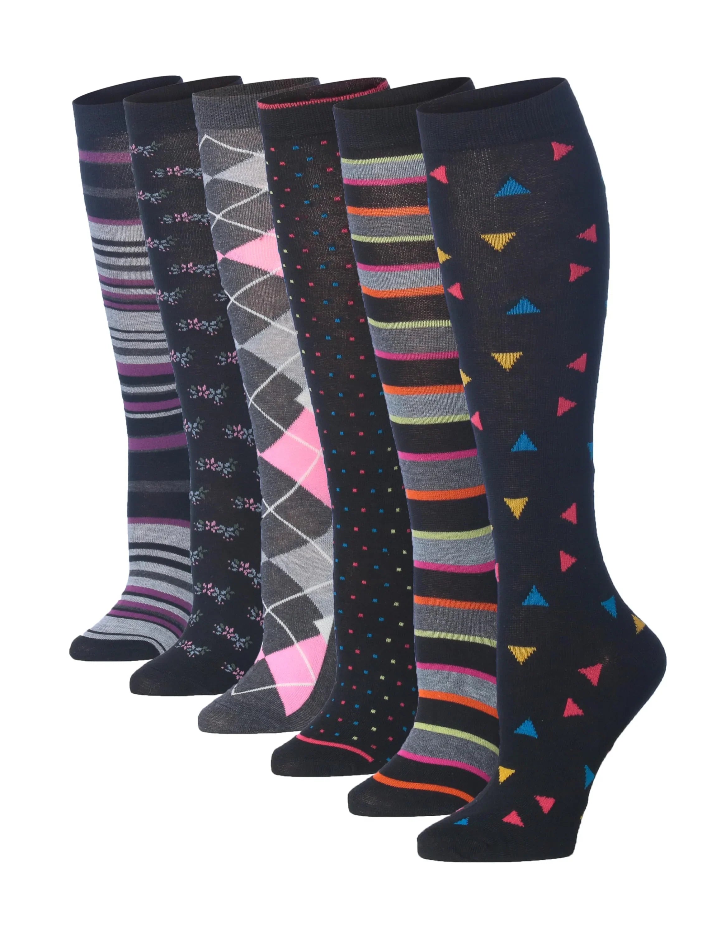  Women's 6 Pairs Colorful Argyle Geometric Patterned Knee High Socks -  Socks