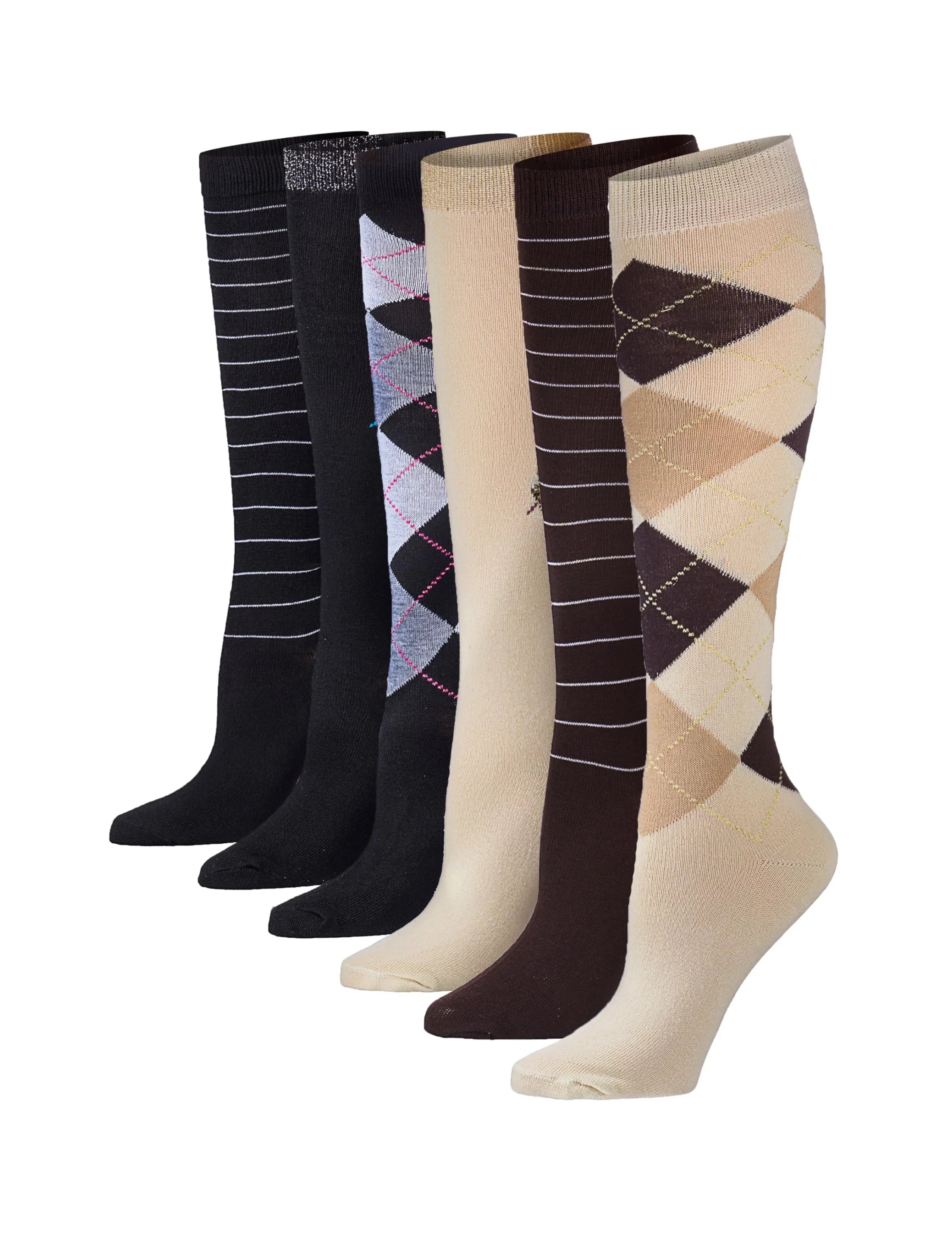  Women's 6 Pairs Dark Colorful Argyle Striped Patterned Knee High Socks -  Socks
