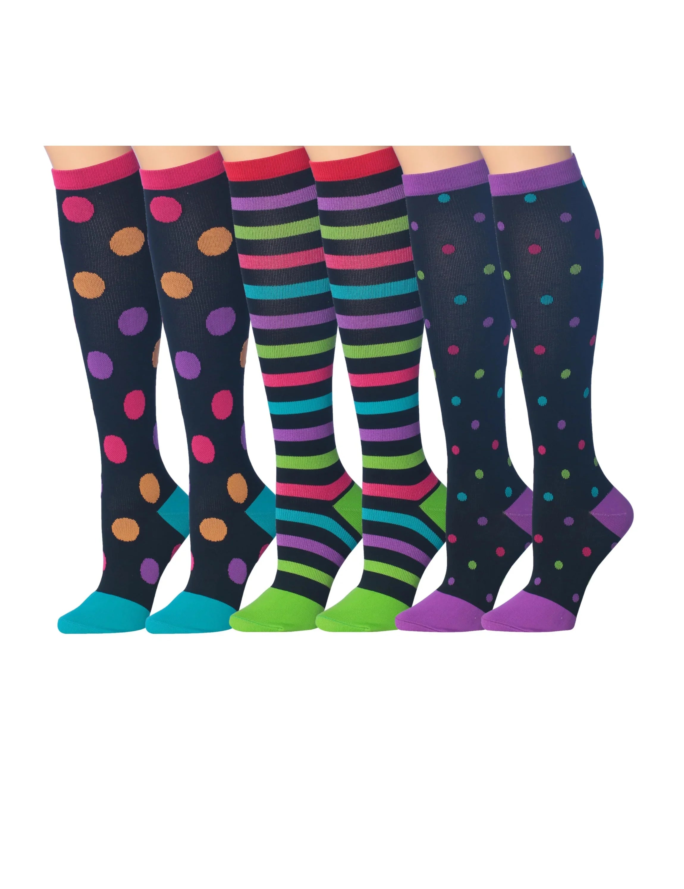  3-Pairs Compression Socks for Men & Women Daring Dots & Electric Stripes Bold Black Palette Patterned Knee High Socks (12-14 mmHg) -  Socks