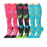 Tipi Toe 3-Pairs Compression Socks for Men & Women Floral Fantasy Butterfly Beauty Starry Skies Patterned Knee High Socks (12-14 mmHg)