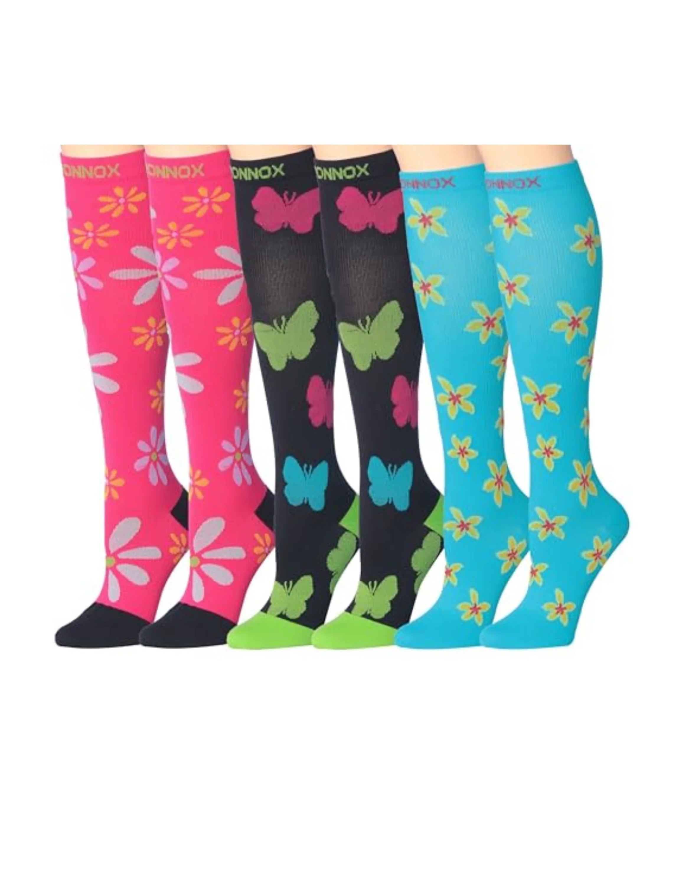 3-Pairs Compression Socks for Men & Women Floral Fantasy Butterfly Beauty Starry Skies Patterned Knee High Socks (12-14 mmHg) - Socks