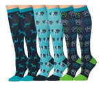 3-Pairs Compression Socks for Men & Women Doggy Delights Dark Blue Cyan and White Paw Prints Patterned Knee High Socks (12-14 mmHg) - Socks