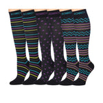  3-Pairs Compression Socks for Men & Women Wavy Wonderful Black Cyan Waves Violet-Yellow Dotted & Stripes Patterned Knee High Socks (12-14 mmHg) -  Socks