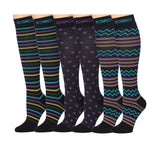 3-Pairs Compression Socks for Men & Women Wavy Wonderful Black Cyan Waves Violet-Yellow Dotted & Stripes Patterned Knee High Socks (12-14 mmHg) -  Socks