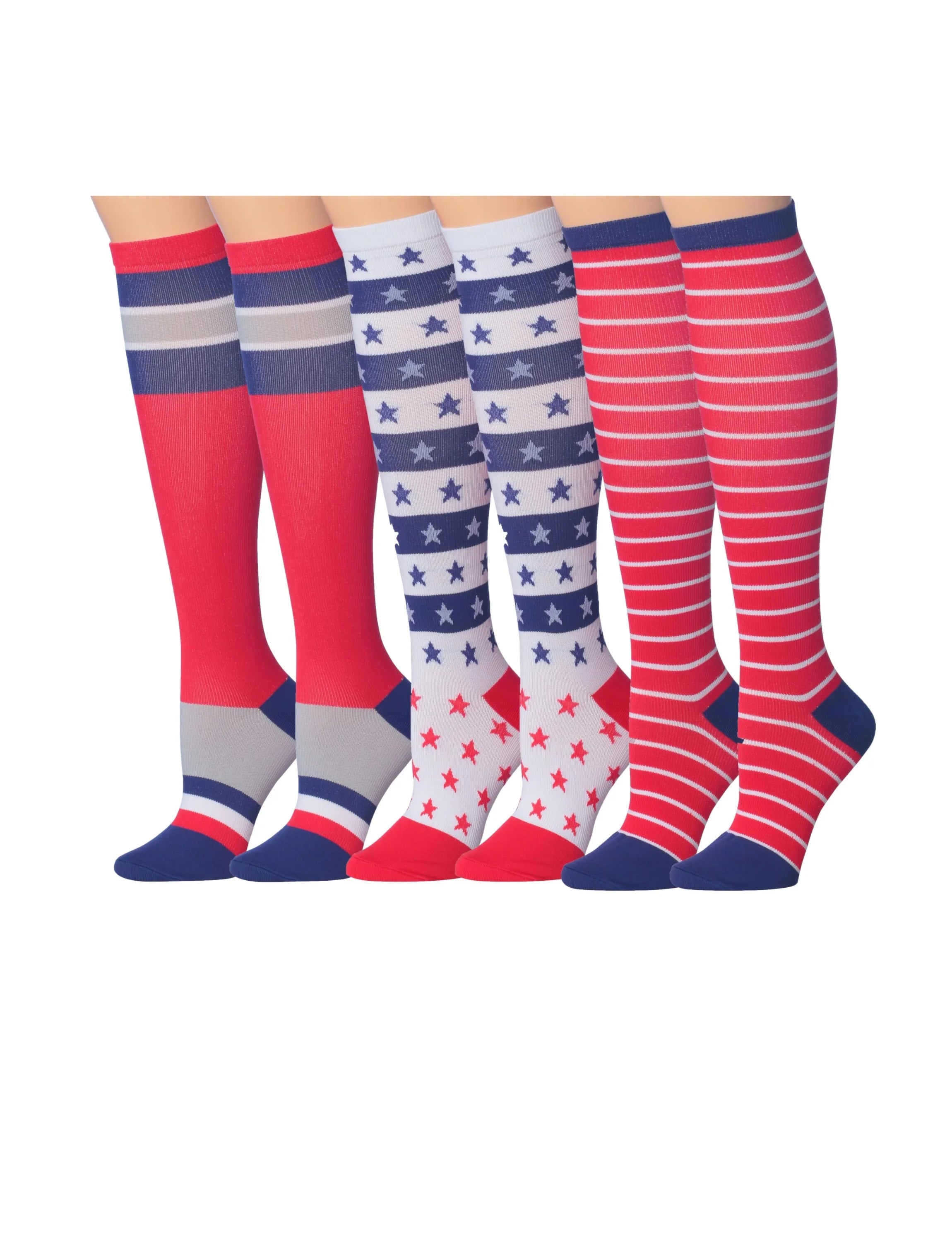 3-Pairs Compression Socks for Men & Women Patriotic Trio Red White Blue Stars and Stripes Patterned Knee High Socks (12-14 mmHg) - Socks