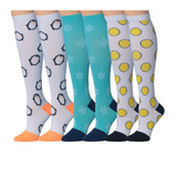 Tipi Toe 3-Pairs Compression Socks for Men & Women Winter Wonderland Penguin Snowflakes Lime Patterned Knee High Socks (12-14 mmHg)