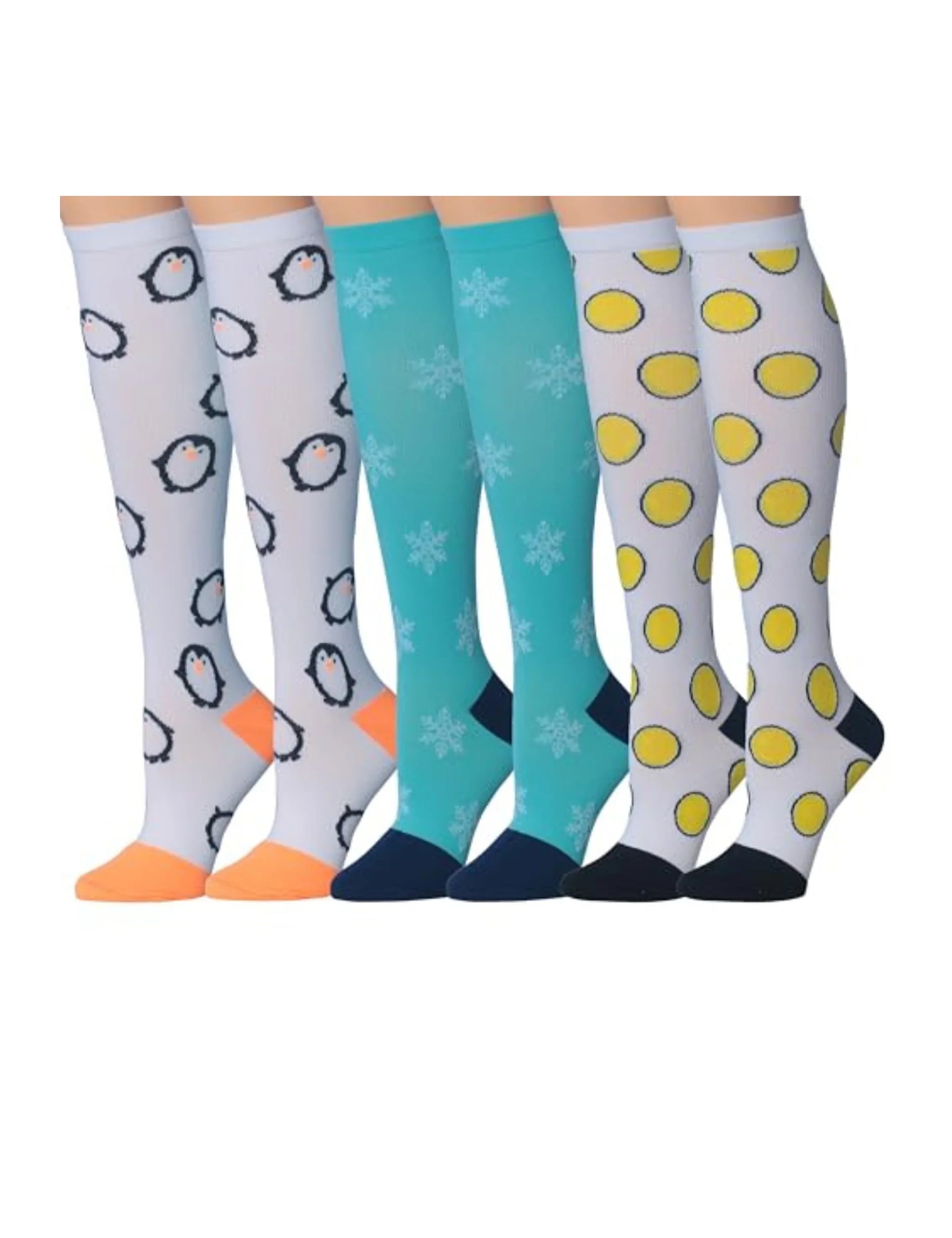3-Pairs Compression Socks for Men & Women Winter Wonderland Penguin Snowflakes Lime Patterned Knee High Socks (12-14 mmHg) - Socks