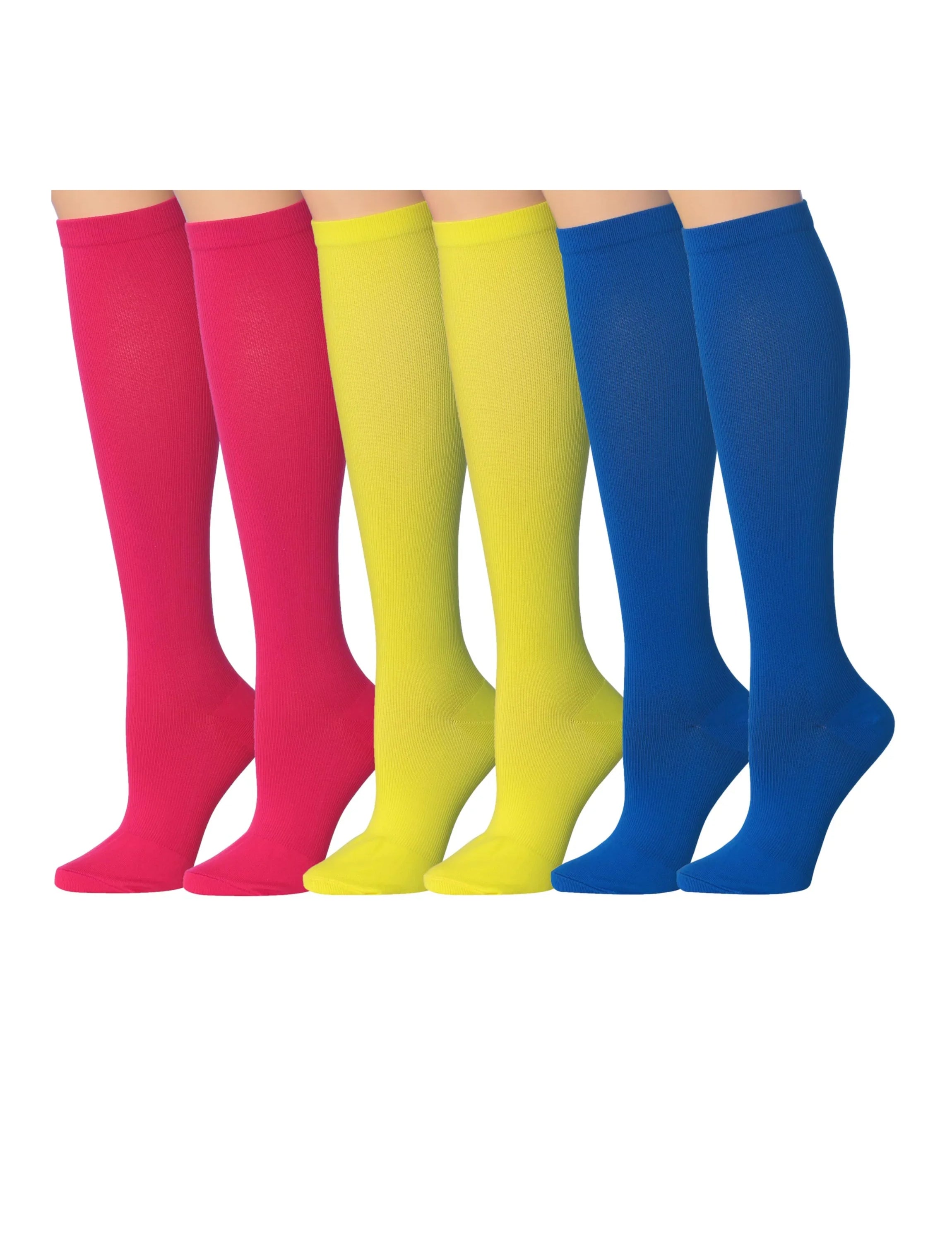  3-Pairs Compression Socks for Men & Women Cheerful Hues Pink Yellow Blue Knee High Socks (12-14 mmHg) -  Socks