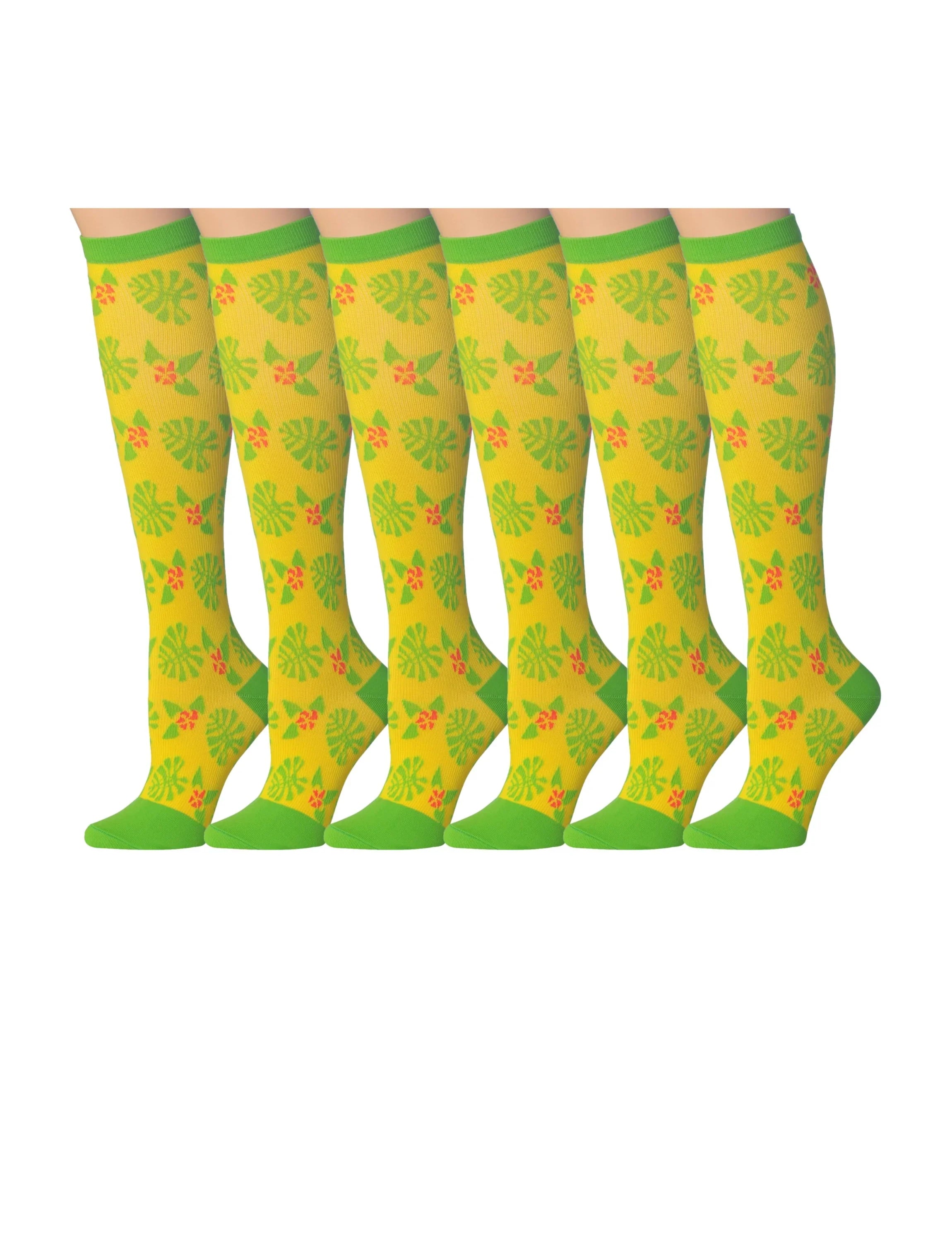 3-Pairs Compression Socks for Men & Women Nature Harmony Vibrant Yellow Green Palette Leafy Motif Colorful Patterned Knee High Socks (12-14 mmHg) - Socks