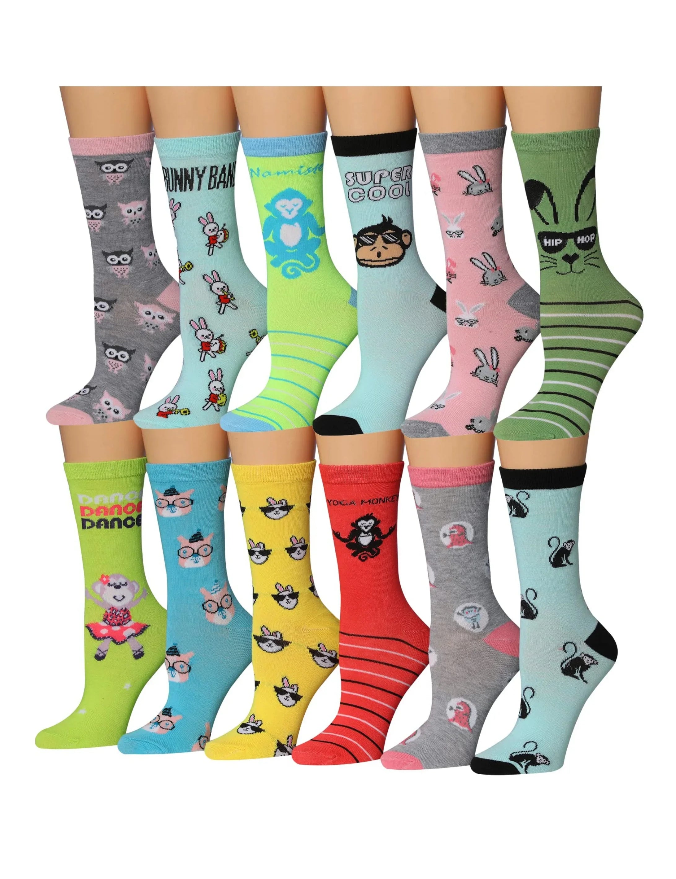 Women's 12 Pairs Lightweight Crew Socks – Colorful Rabbit & Monkey Patterns - Tipi Toe Socks