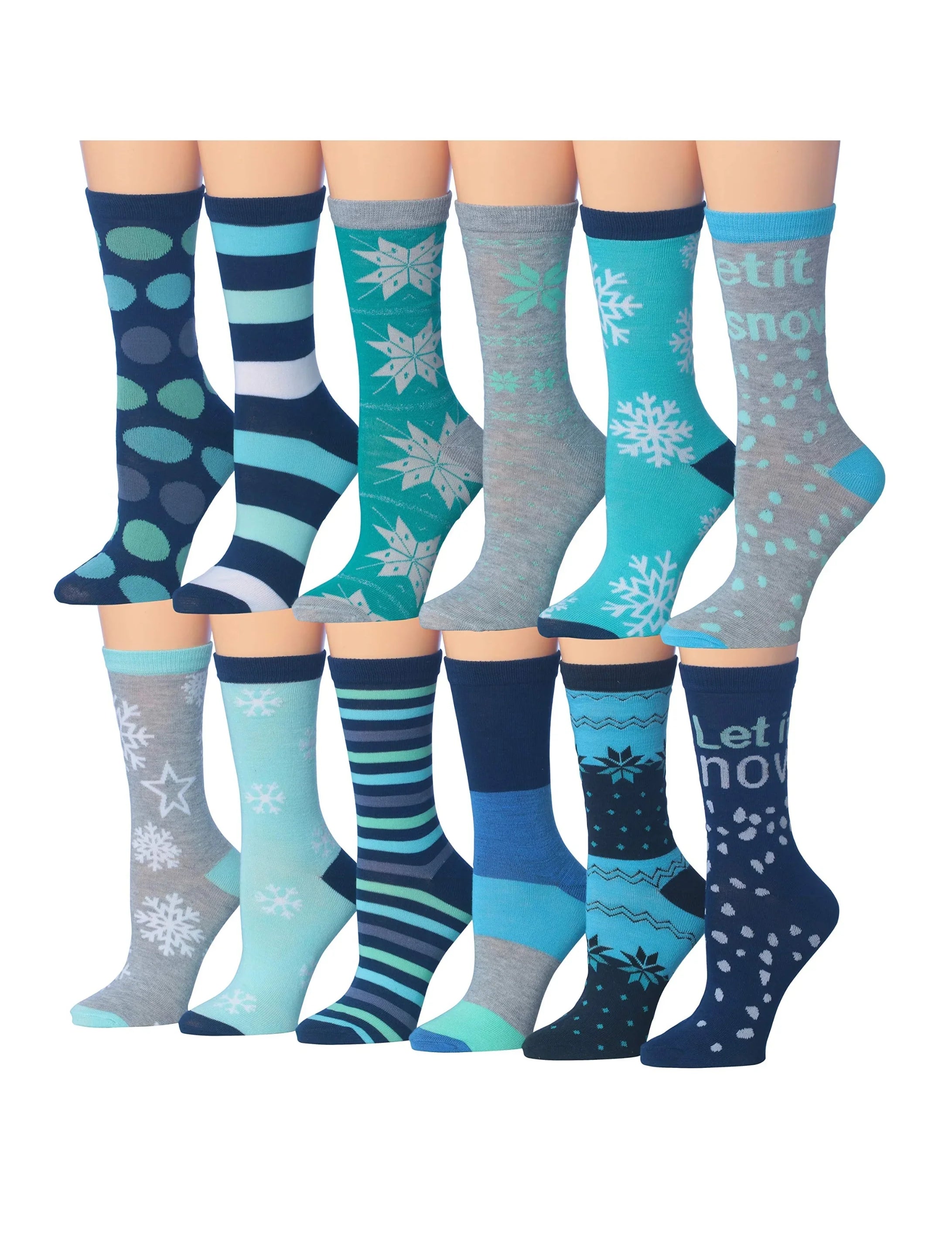 Women's 12 Pairs Lightweight Crew Socks ƒ?? Colorful Aqua Turqwise Snowflakes Patterns - Socks